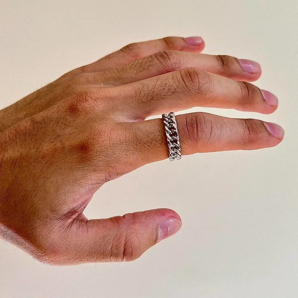 silver stainless steel cuban link ring